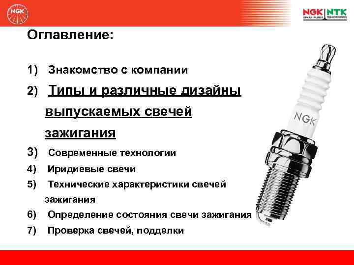 Оглавление: 1) Знакомство с компании 2) Типы и различные дизайны выпускаемых свечей зажигания 3)