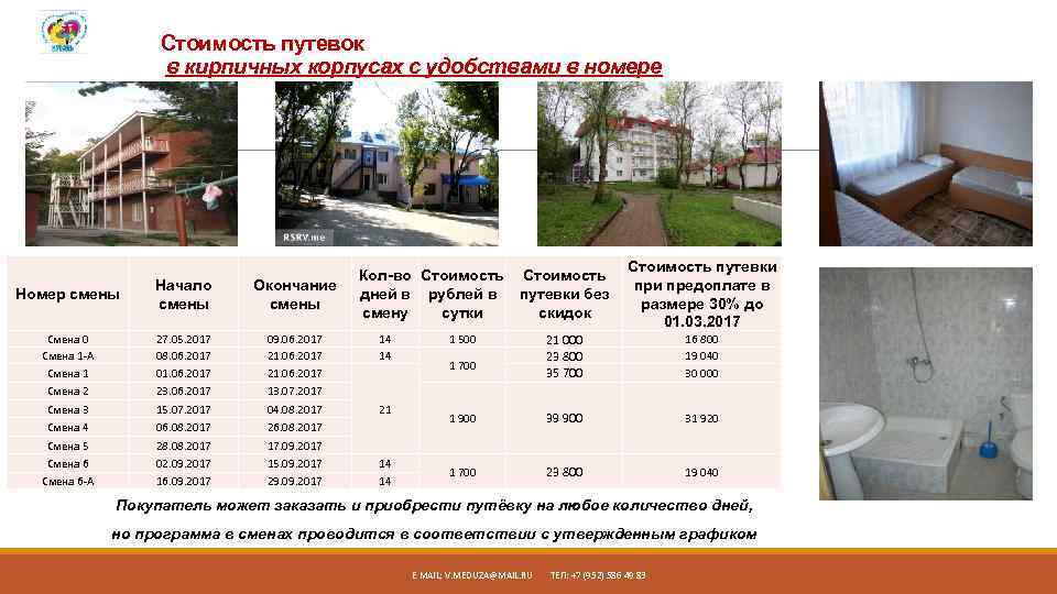 Стоимость путевок в кирпичных корпусах с удобствами в номере Номер смены Начало смены Окончание