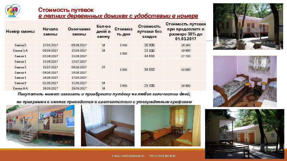 Стоимость путевок в летних деревянных домиках с удобствами в номере Кол-во Стоимос дней в