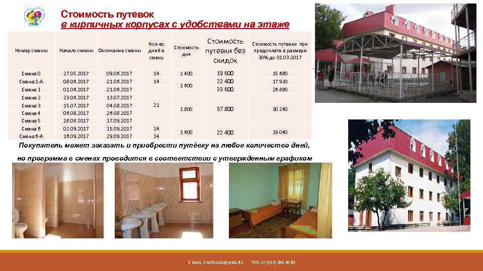 Стоимость путевок в кирпичных корпусах с удобствами на этаже Номер смены Смена 0 Смена