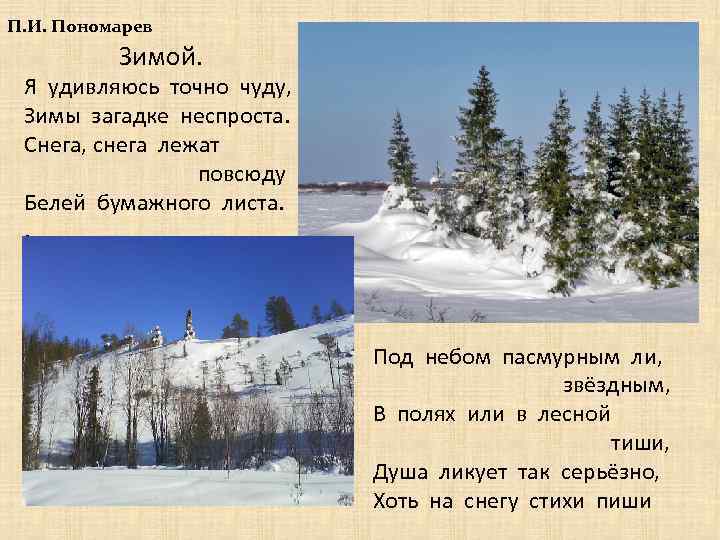 П. И. Пономарев Зимой. Я удивляюсь точно чуду, Зимы загадке неспроста. Снега, снега лежат