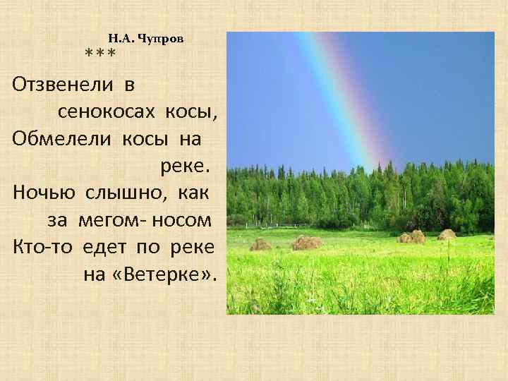 Н. А. Чупров *** Отзвенели в сенокосах косы, Обмелели косы на реке. Ночью слышно,