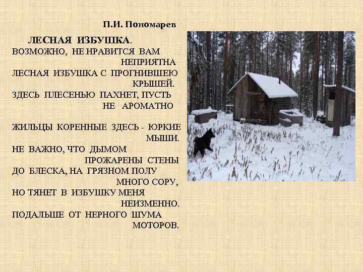 П. И. Пономарев ЛЕСНАЯ ИЗБУШКА. ВОЗМОЖНО, НЕ НРАВИТСЯ ВАМ НЕПРИЯТНА ЛЕСНАЯ ИЗБУШКА С ПРОГНИВШЕЮ