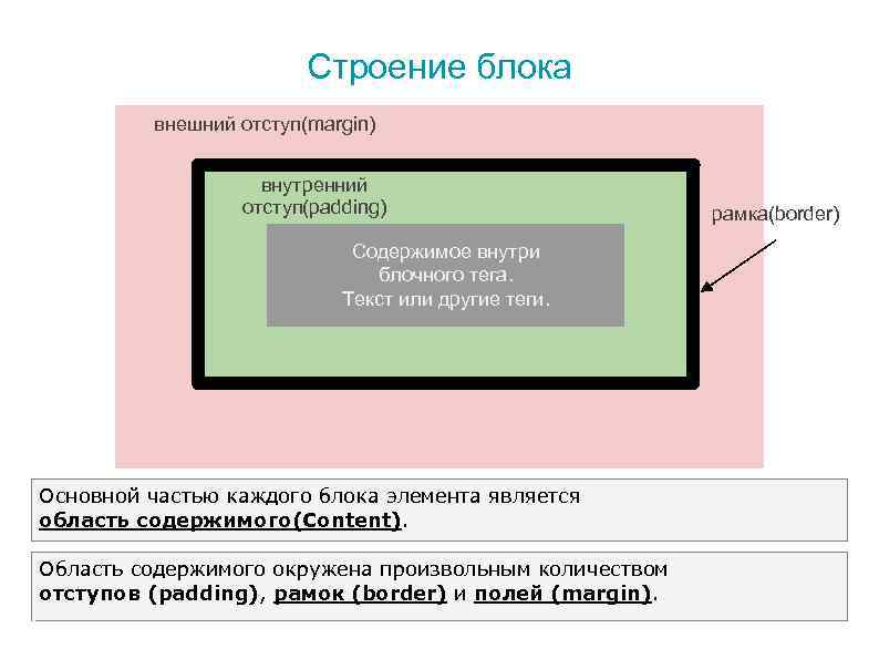 Строение блока внешний отступ(margin) внутренний отступ(padding) Содержимое внутри блочного тега. Текст или другие теги.