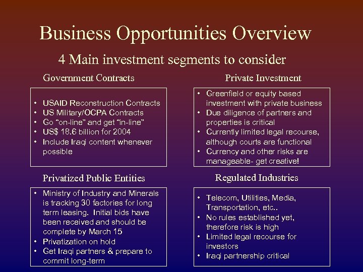 Business Opportunities Overview 4 Main investment segments to consider Government Contracts • • •