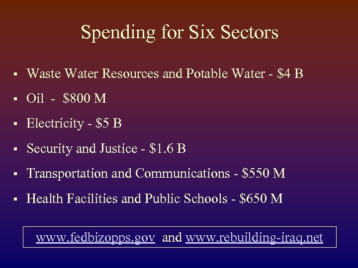 Spending for Six Sectors § Waste Water Resources and Potable Water - $4 B