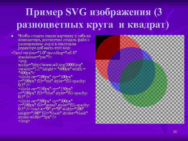 Пример SVG изображения (3 разноцветных круга и квадрат) Чтобы создать такую картинку у себя