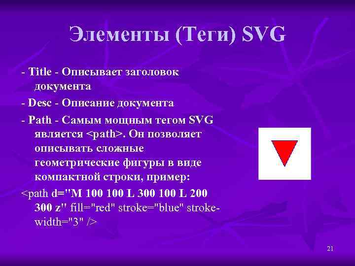 Элементы (Теги) SVG - Title - Описывает заголовок документа - Desc - Описание документа