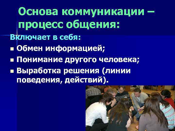 Основа коммуникации – процесс общения: Включает в себя: Обмен информацией; Понимание другого человека; Выработка