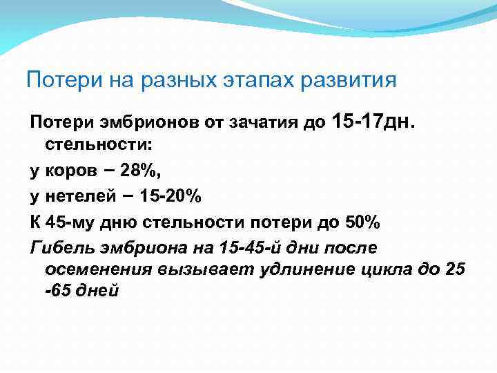 Потери на разных этапах развития Потери эмбрионов от зачатия до 15 17 дн. стельности: