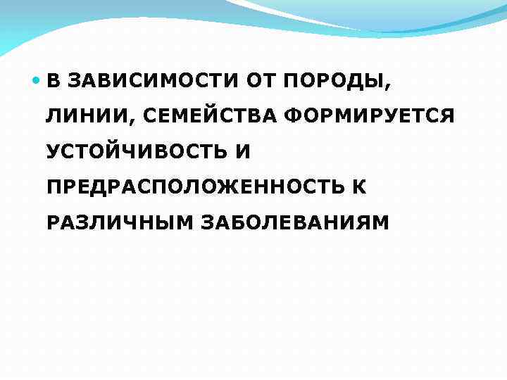  В ЗАВИСИМОСТИ ОТ ПОРОДЫ, ЛИНИИ, СЕМЕЙСТВА ФОРМИРУЕТСЯ УСТОЙЧИВОСТЬ И ПРЕДРАСПОЛОЖЕННОСТЬ К РАЗЛИЧНЫМ ЗАБОЛЕВАНИЯМ