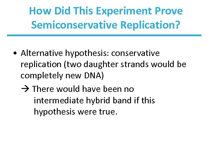 How Did This Experiment Prove Semiconservative Replication? • Alternative hypothesis: conservative replication (two daughter