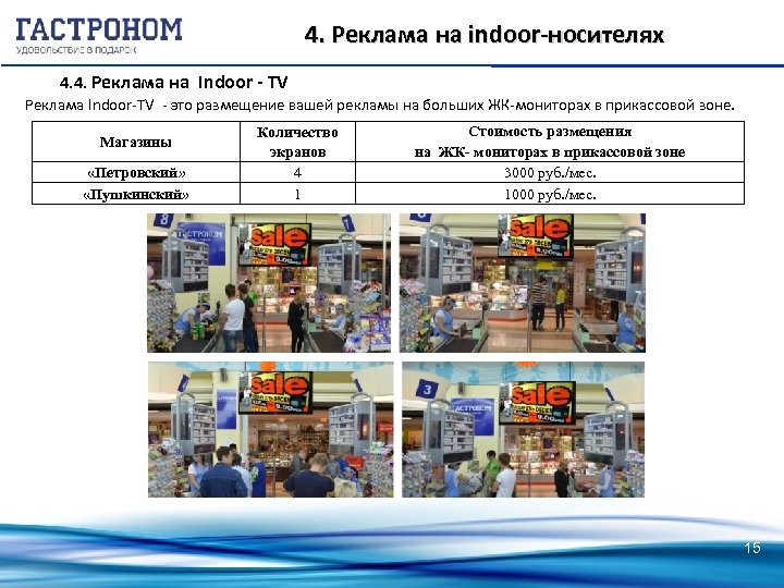4. Реклама на indoor-носителях 4. 4. Реклама на Indoor - TV Реклама Indoor-TV -