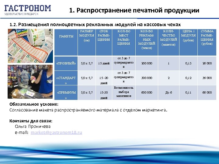 1. Распространение печатной продукции 1. 2. Размещения полноцветных рекламных модулей на кассовых чеках ПАКЕТЫ