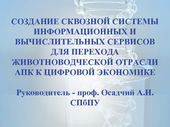СОЗДАНИЕ СКВОЗНОЙ СИСТЕМЫ ИНФОРМАЦИОННЫХ И ВЫЧИСЛИТЕЛЬНЫХ СЕРВИСОВ ДЛЯ ПЕРЕХОДА ЖИВОТНОВОДЧЕСКОЙ ОТРАСЛИ АПК К ЦИФРОВОЙ