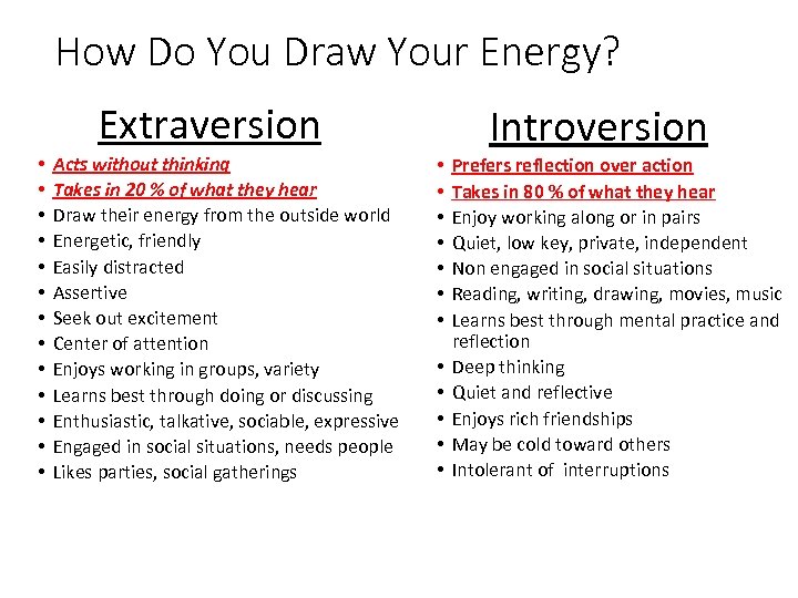 How Do You Draw Your Energy? Extraversion • • • • Acts without thinking