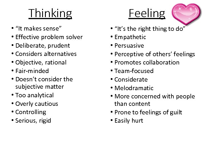 Thinking • “It makes sense” • Effective problem solver • Deliberate, prudent • Considers