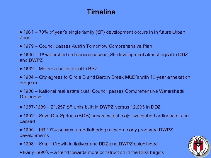 Timeline · 1961 – 70% of year’s single family (SF) development occurs in in