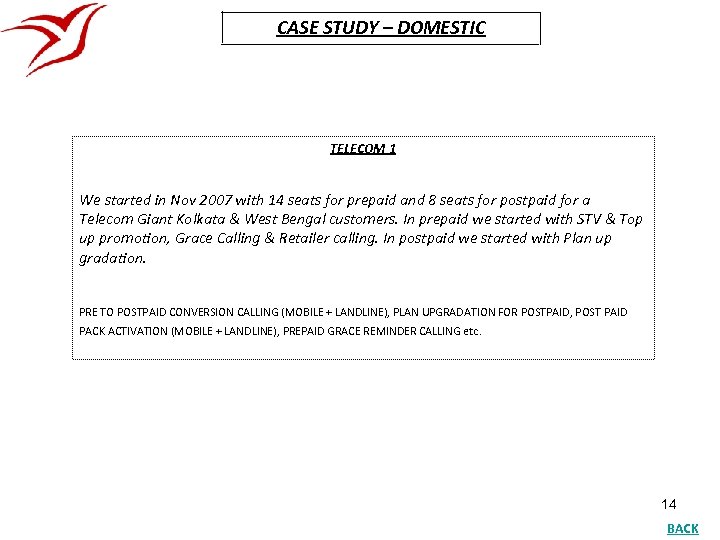 CASE STUDY – DOMESTIC TELECOM 1 We started in Nov 2007 with 14 seats