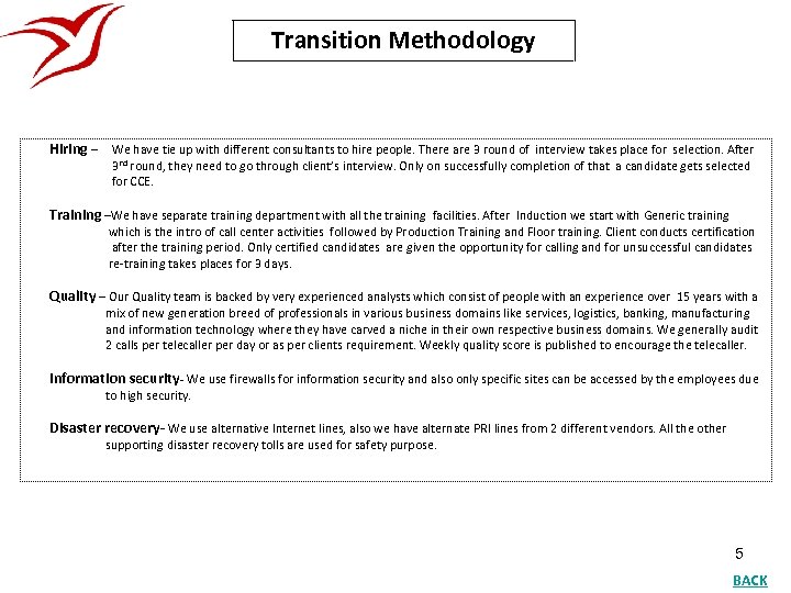 Transition Methodology Hiring – We have tie up with different consultants to hire people.