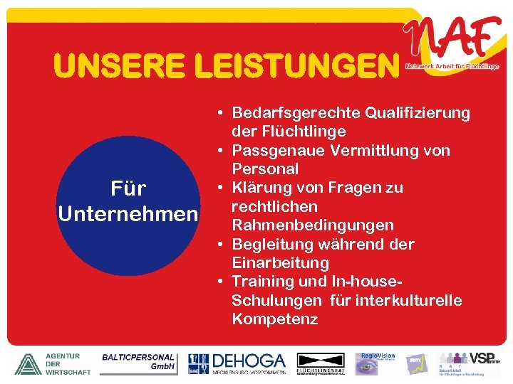 UNSERE LEISTUNGEN Für Unternehmen • Bedarfsgerechte Qualifizierung der Flüchtlinge • Passgenaue Vermittlung von Personal