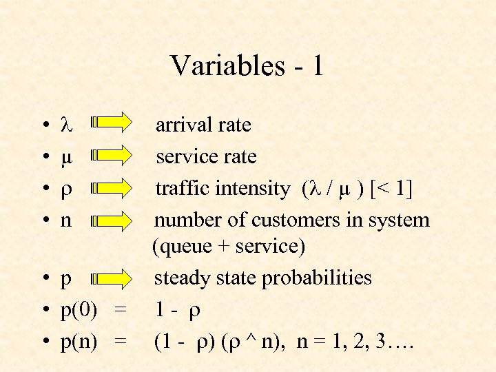 Variables - 1 • • µ n • p(0) = • p(n) = arrival