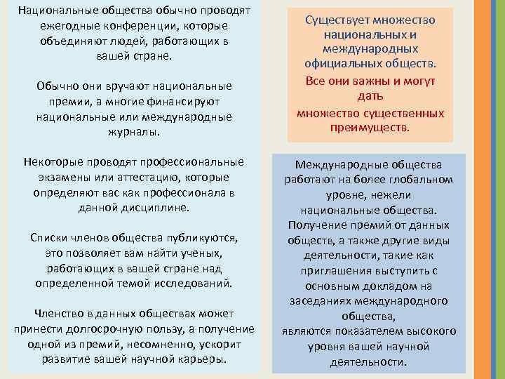 Национальные общества обычно проводят ежегодные конференции, которые объединяют людей, работающих в вашей стране. Обычно