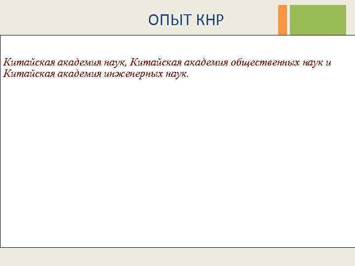 ОПЫТ КНР В КНР исследования проводятся как в вузах так и трех академиях: Китайская