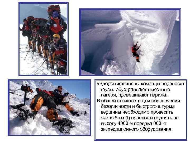  «Здоровые» члены команды переносят грузы, обустраивают высотные лагеря, провешивают перила. В общей сложности