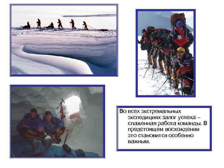 Во всех экстремальных экспедициях залог успеха – слаженная работа команды. В предстоящем восхождении это