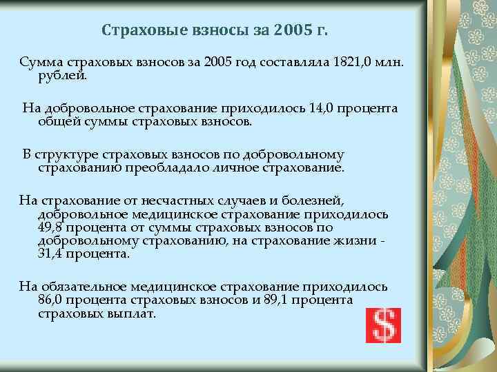 Страховые взносы за 2005 г. Сумма страховых взносов за 2005 год составляла 1821, 0