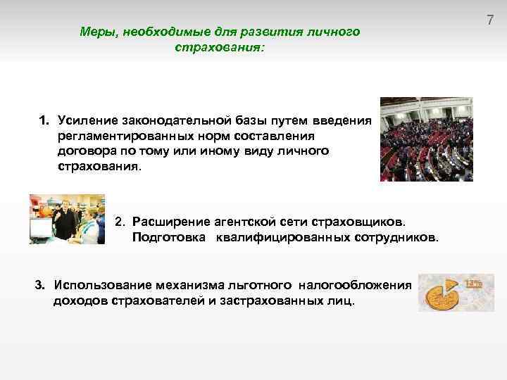 Меры, необходимые для развития личного страхования: 1. Усиление законодательной базы путем введения регламентированных норм