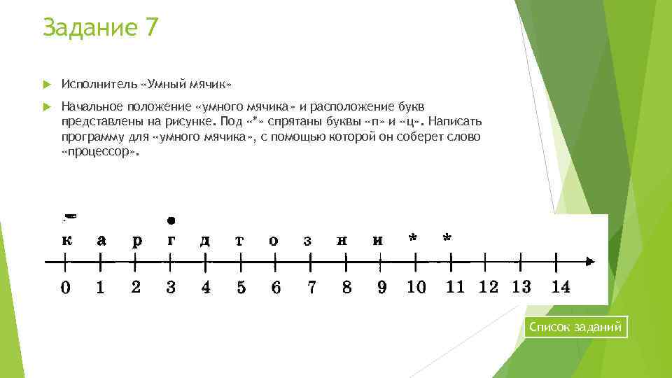 Задание 7 Исполнитель «Умный мячик» Начальное положение «умного мячика» и расположение букв представлены на