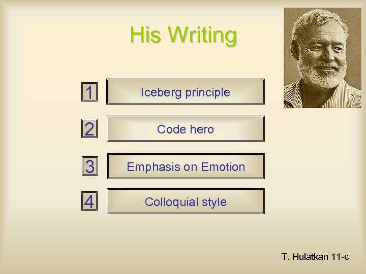 His Writing 1 Iceberg principle 2 Code hero 3 Emphasis on Emotion 4 Colloquial