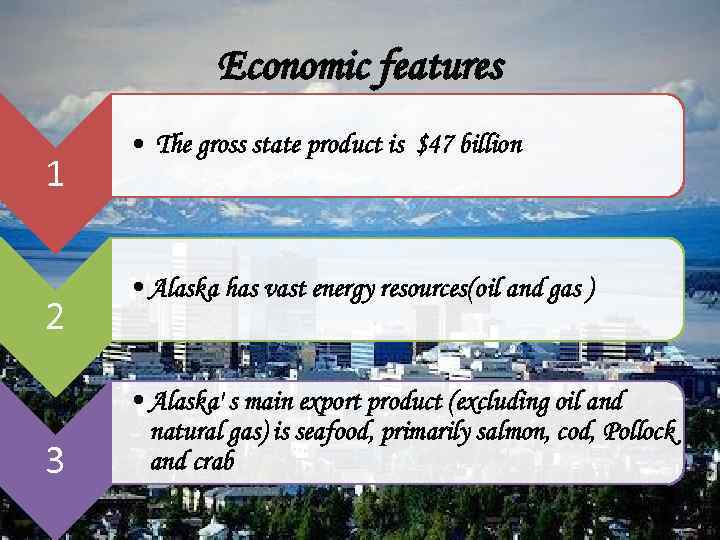 Economic features 1 2 3 • The gross state product is $47 billion •