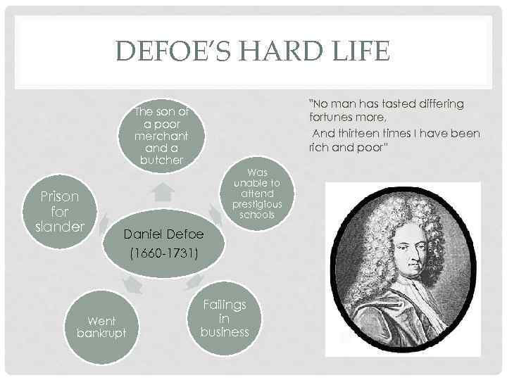 DEFOE’S HARD LIFE "No man has tasted differing fortunes more, And thirteen times I