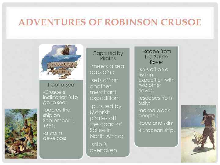 ADVENTURES OF ROBINSON CRUSOE Captured by Pirates I Go to Sea -Crusoe’s inclination is