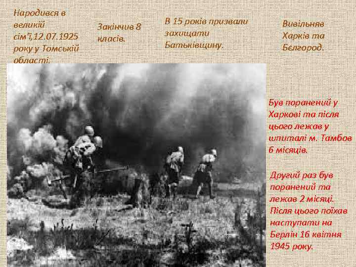 Народився в великій сім'ї, 12. 07. 1925 року у Томській області. Закінчив 8 класів.