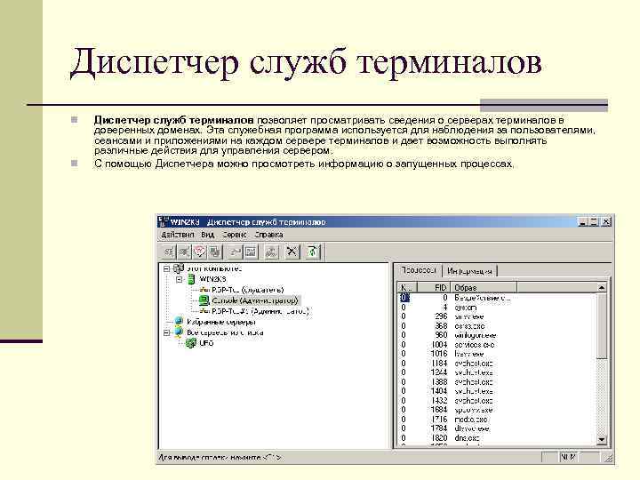 Диспетчер служб терминалов n n Диспетчер служб терминалов позволяет просматривать сведения о серверах терминалов