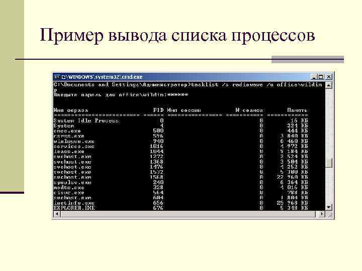 Пример вывода списка процессов 