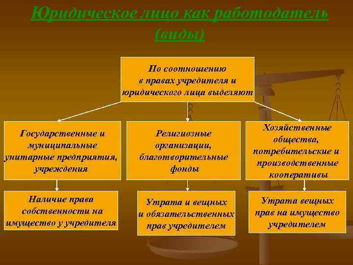 Юридическое лицо как работодатель (виды) По соотношению в правах учредителя и юридического лица выделяют