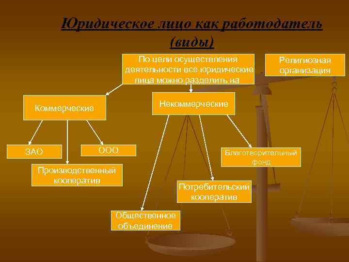 Юридическое лицо как работодатель (виды) По цели осуществления деятельности все юридические лица можно разделить