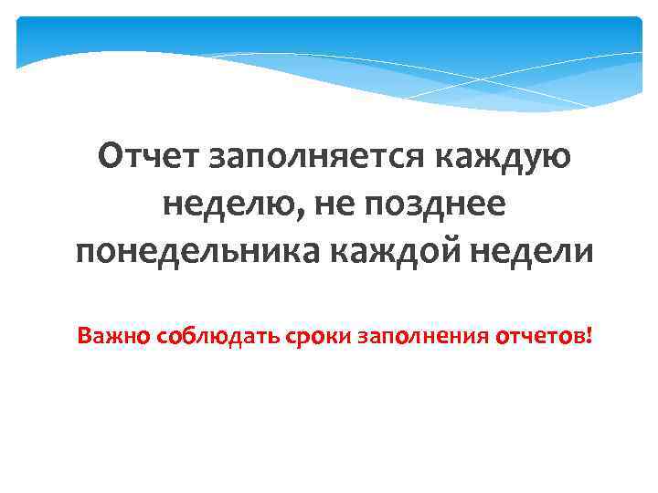 Отчет заполняется каждую неделю, не позднее понедельника каждой недели Важно соблюдать сроки заполнения отчетов!