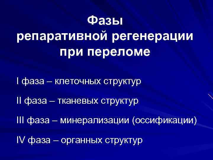 Фазы репаративной регенерации при переломе I фаза – клеточных структур II фаза – тканевых