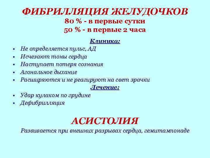 ФИБРИЛЛЯЦИЯ ЖЕЛУДОЧКОВ 80 % - в первые сутки 50 % - в первые 2