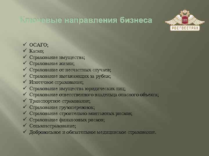 Ключевые направления бизнеса ü ü ü ü ОСАГО; Каско; Страхование имущества; Страхование жизни; Страхование