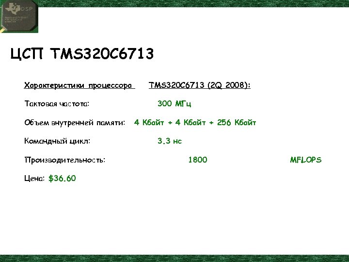 ЦСП TMS 320 C 6713 Характеристики процессора Тактовая частота: Объем внутренней памяти: Командный цикл: