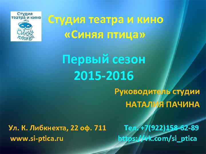 Студия театра и кино «Синяя птица» Первый сезон 2015 -2016 Руководитель студии НАТАЛИЯ ПАЧИНА