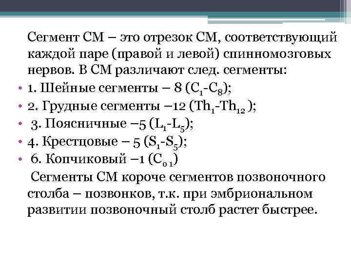  Сегмент СМ – это отрезок СМ, соответствующий каждой паре (правой и левой) спинномозговых