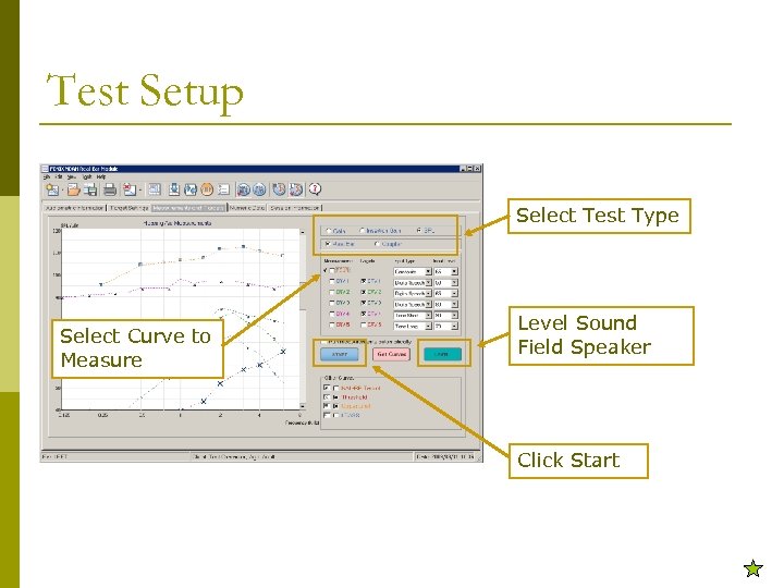 Test Setup Select Test Type Select Curve to Measure Level Sound Field Speaker Click